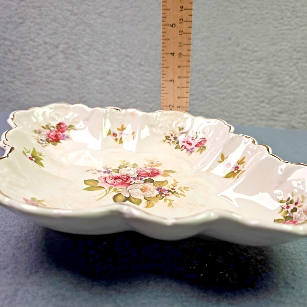 Vintage James Kent Old Foley Scalloped Porcelain Dish Pink Roses Gold Trim - Picture 8 of 12